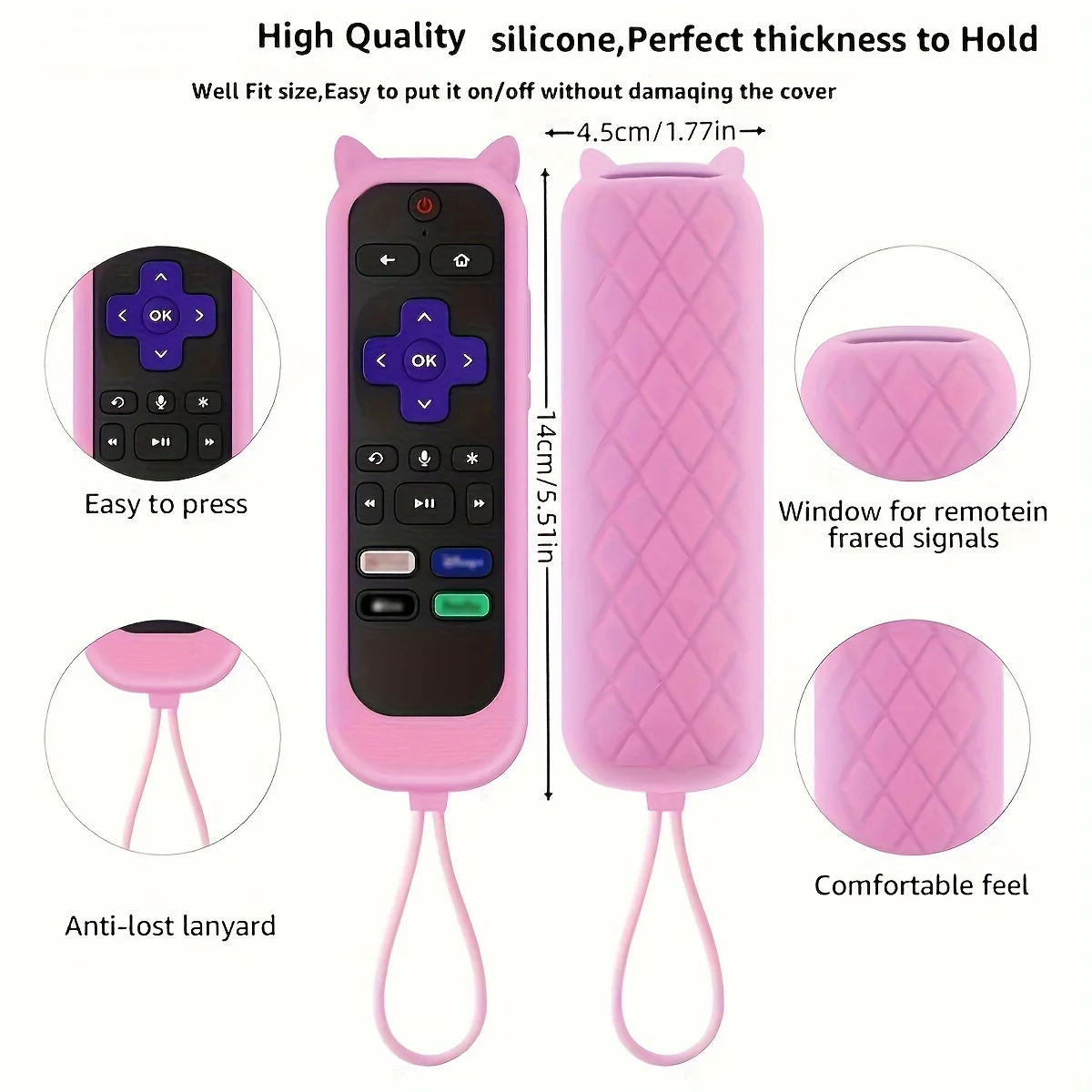 Glow in the dark cute cat's ears shaped silicone universal remote control cover with for TCL Hisense Roku TV remote control - Image 3