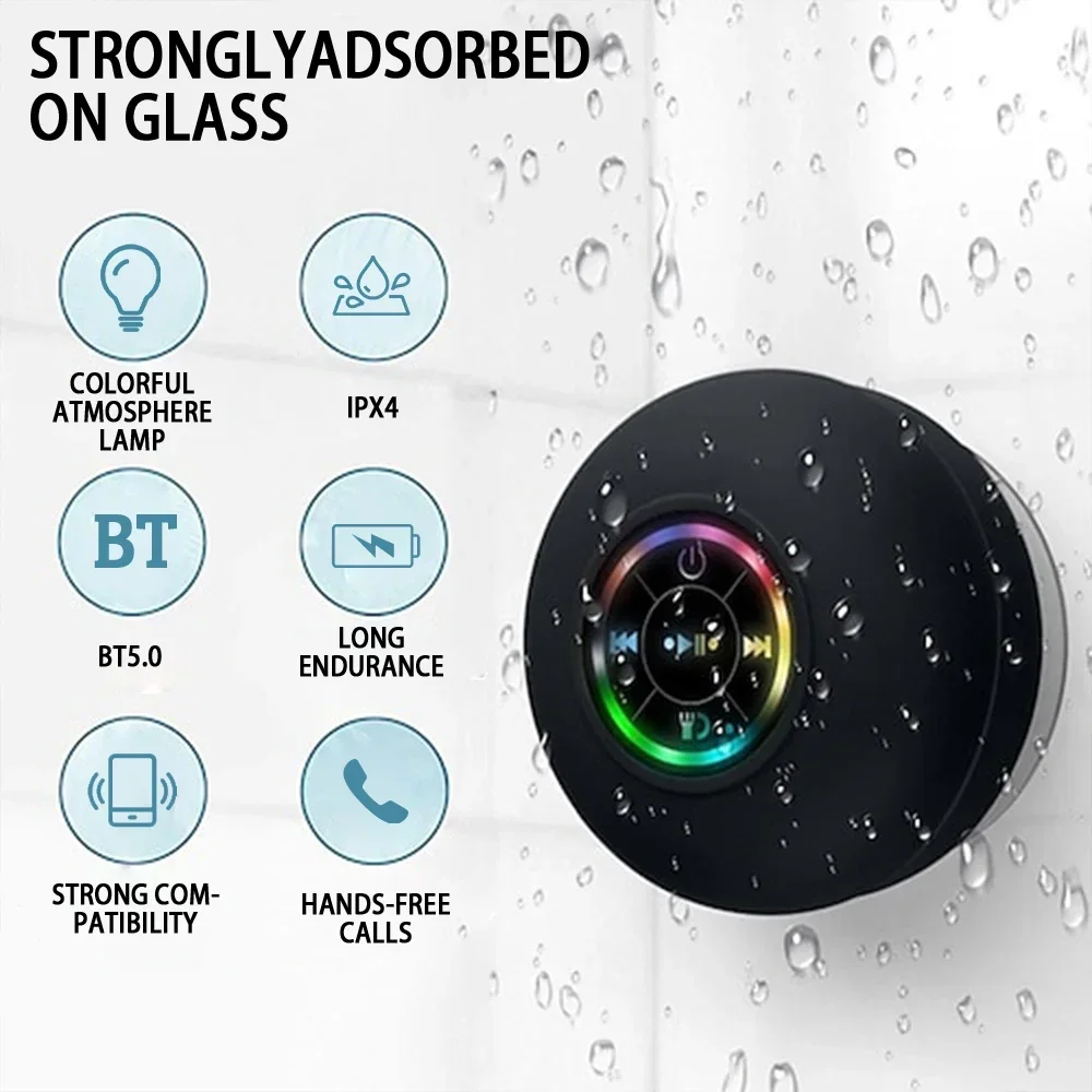 Portable Wireless Bluetooth Speaker LED IPX4 Waterproof Loudspeaker Outdoor Bathroom Large Suction Cup Mini Stereo Sound Box - Image 2