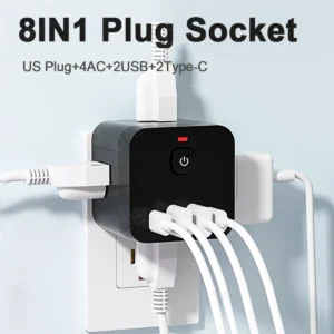 8IN1 US Plug Wall-Mounted Travel Socket Adapter Charger 4 AC Outlet 2 USB 2 Type C Ports Wall Charger Power Travel Plug socket